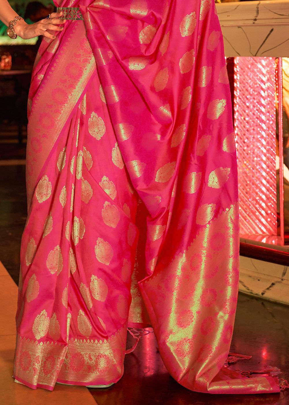 Bright Pink Handloom Woven Banarasi Silk Saree | Stitched Blouse - qivii