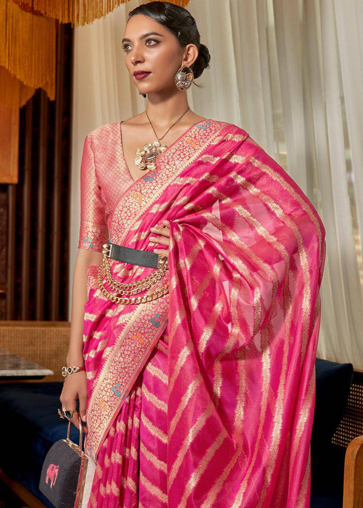 Bright Pink Two Tone Meenakari Weaving Organza Silk Saree | Stitched Blouse - qivii