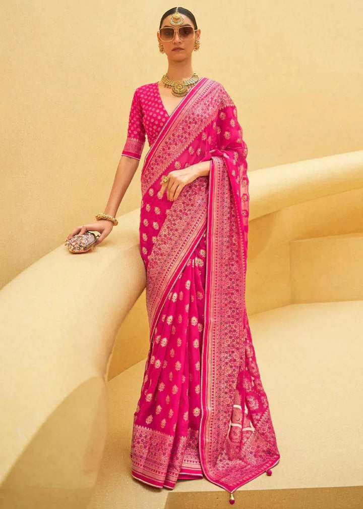 Bright Pink Zari Woven Brasso Organza Silk Saree | Stitched Blouse - qivii