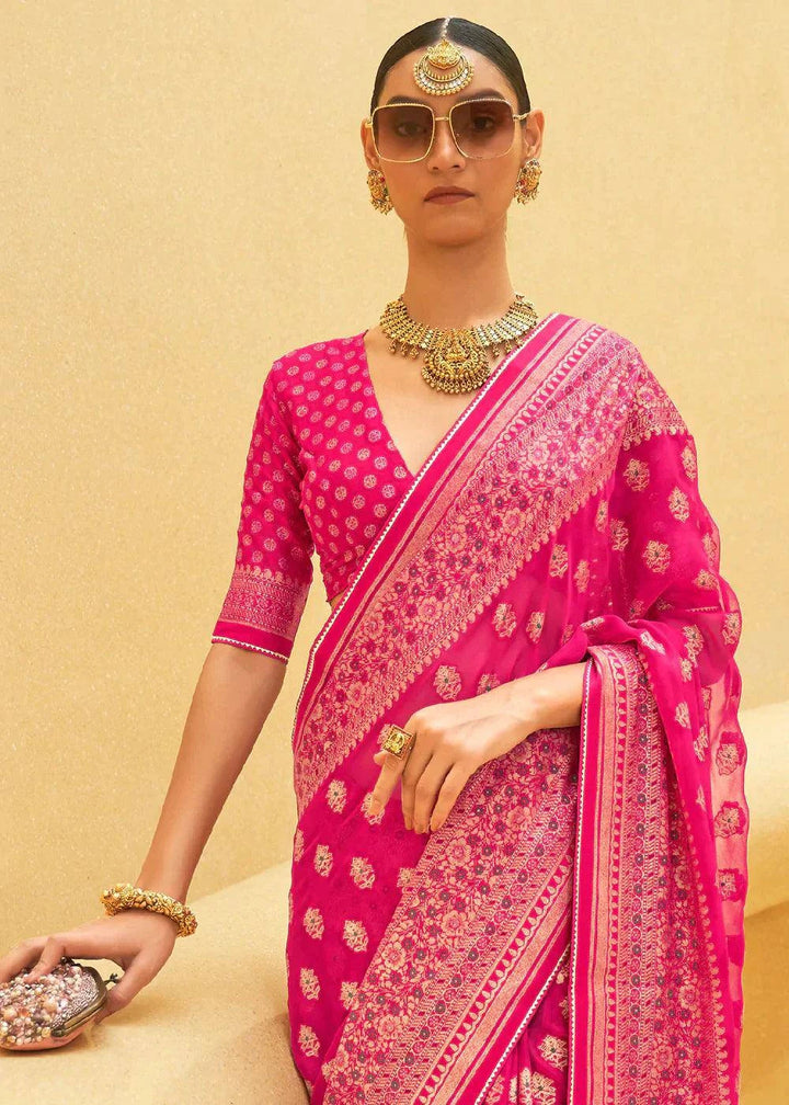 Bright Pink Zari Woven Brasso Organza Silk Saree | Stitched Blouse - qivii