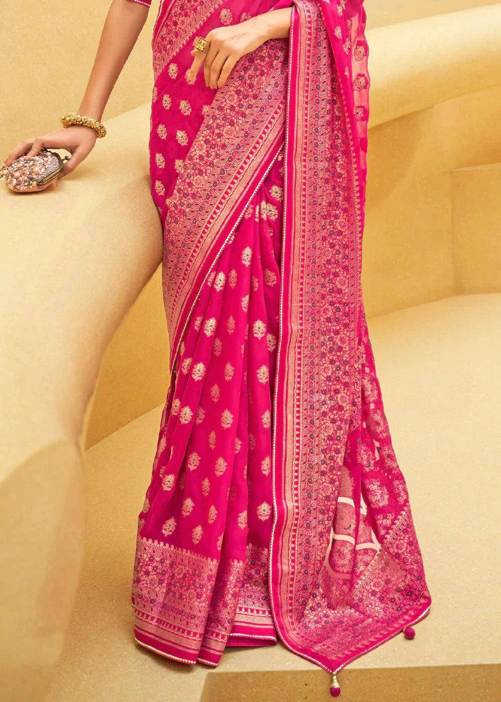 Bright Pink Zari Woven Brasso Organza Silk Saree | Stitched Blouse - qivii