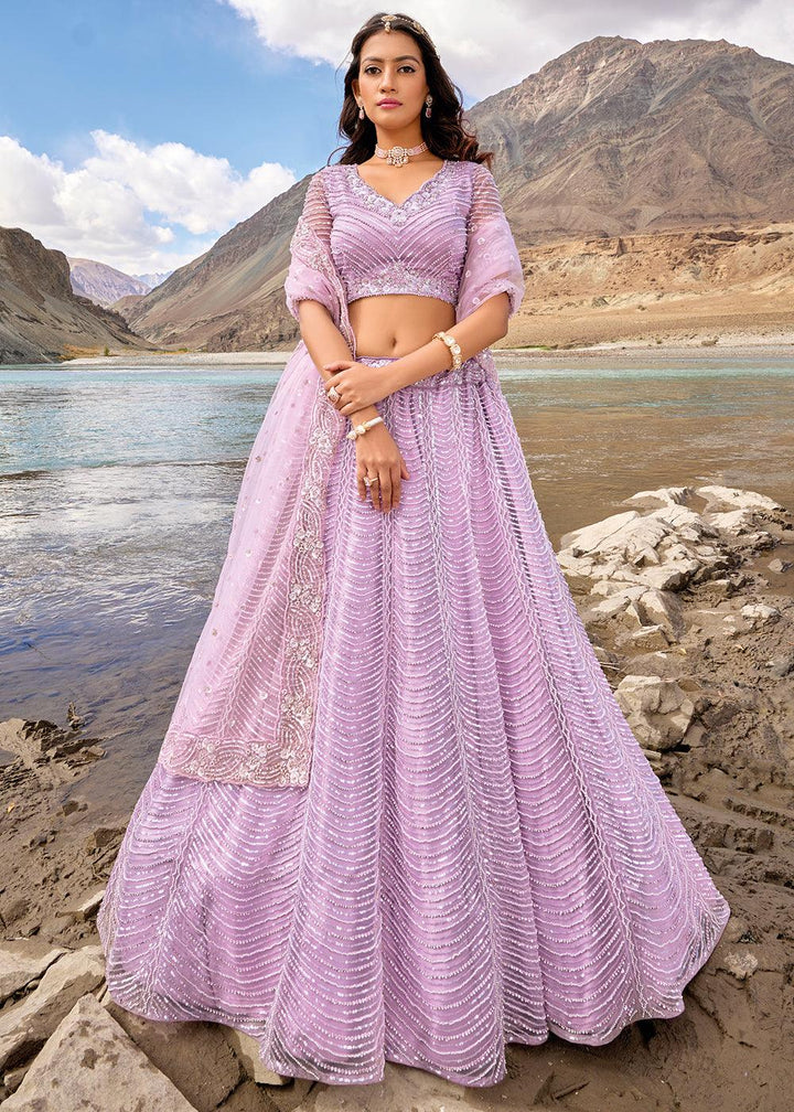 Bright Purple Net lehenga Choli with Mirror,Zarkan & Cutwork - qivii