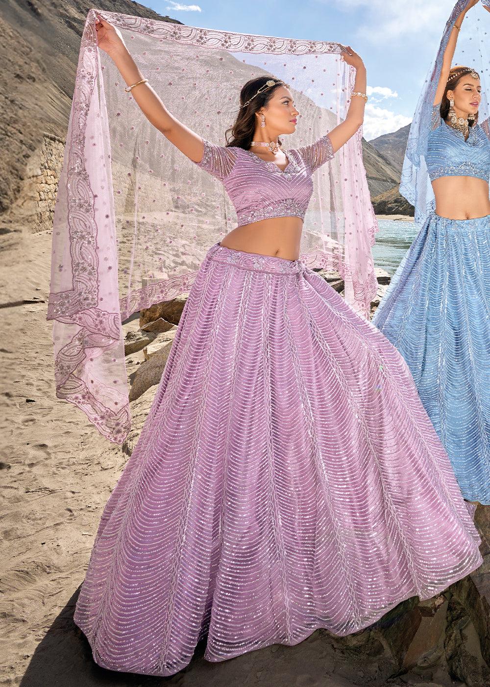 Bright Purple Net lehenga Choli with Mirror,Zarkan & Cutwork - qivii