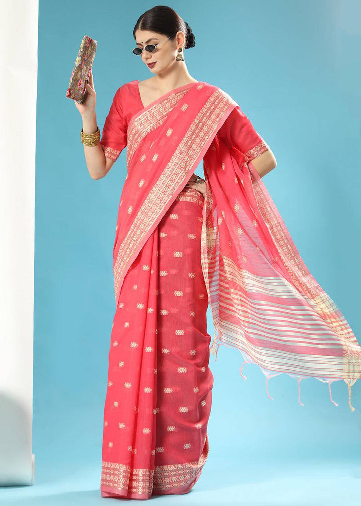 Brink Pink Chikankari Weaving Cotton Saree | Stitched Blouse - qivii