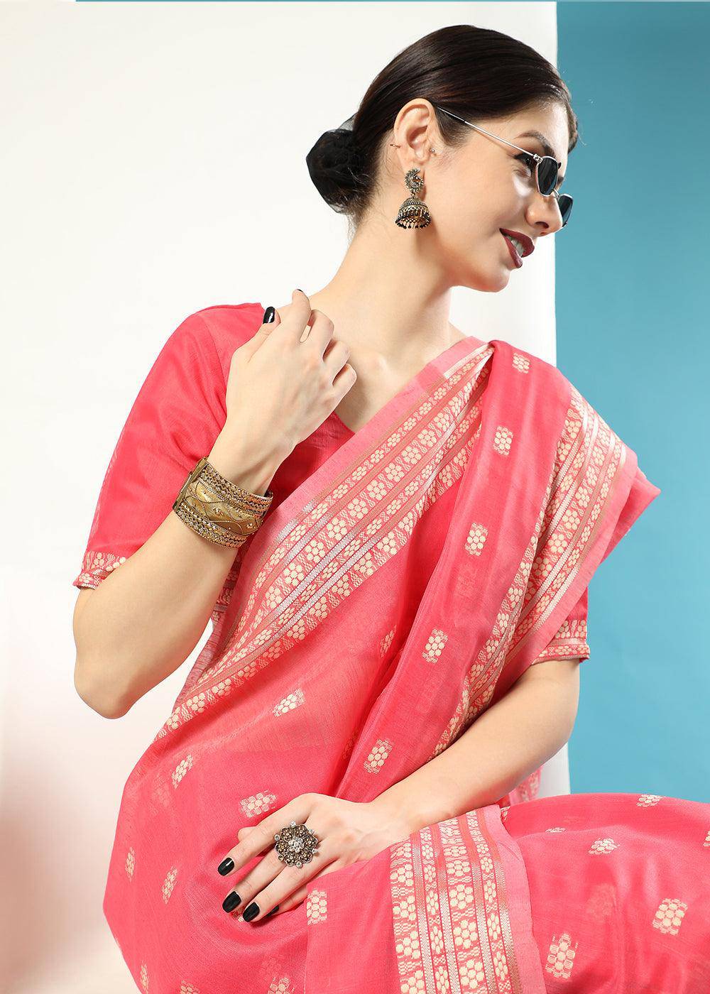 Brink Pink Chikankari Weaving Cotton Saree | Stitched Blouse - qivii