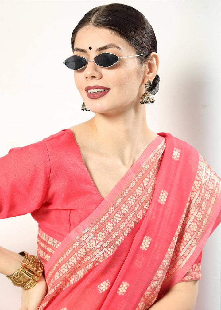 Brink Pink Chikankari Weaving Cotton Saree | Stitched Blouse - qivii