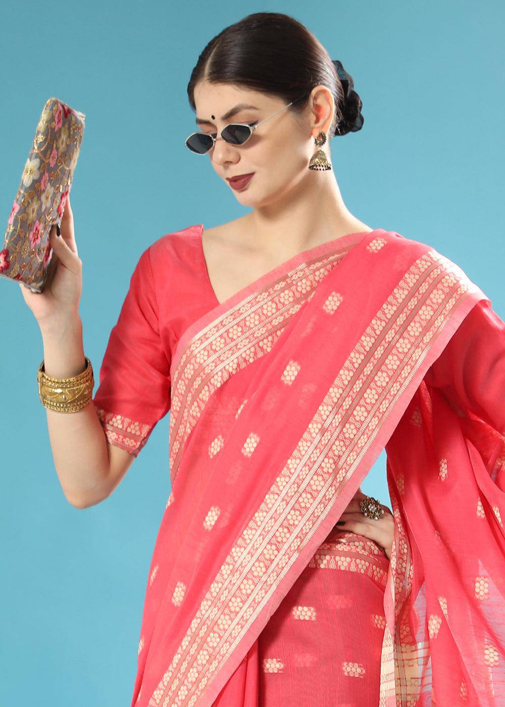 Brink Pink Chikankari Weaving Cotton Saree | Stitched Blouse - qivii