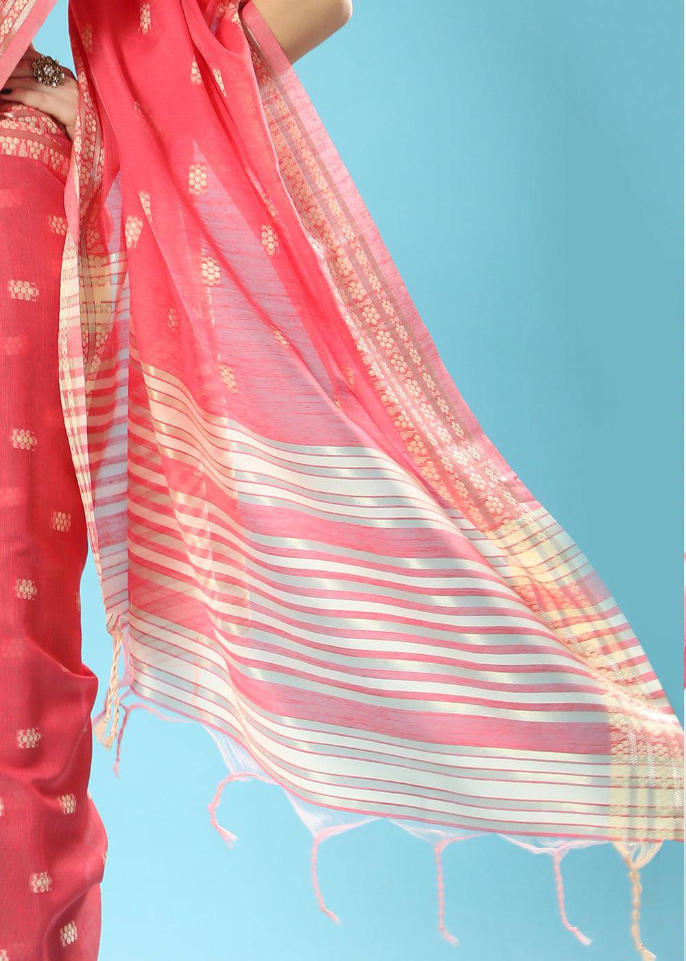 Brink Pink Chikankari Weaving Cotton Saree | Stitched Blouse - qivii