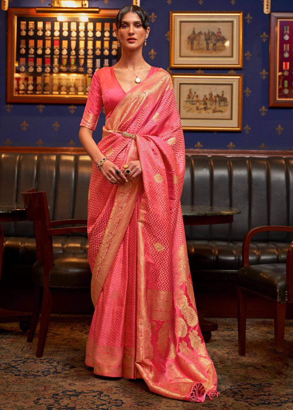 Brink Pink Designer Satin Silk Saree | Stitched Blouse - qivii