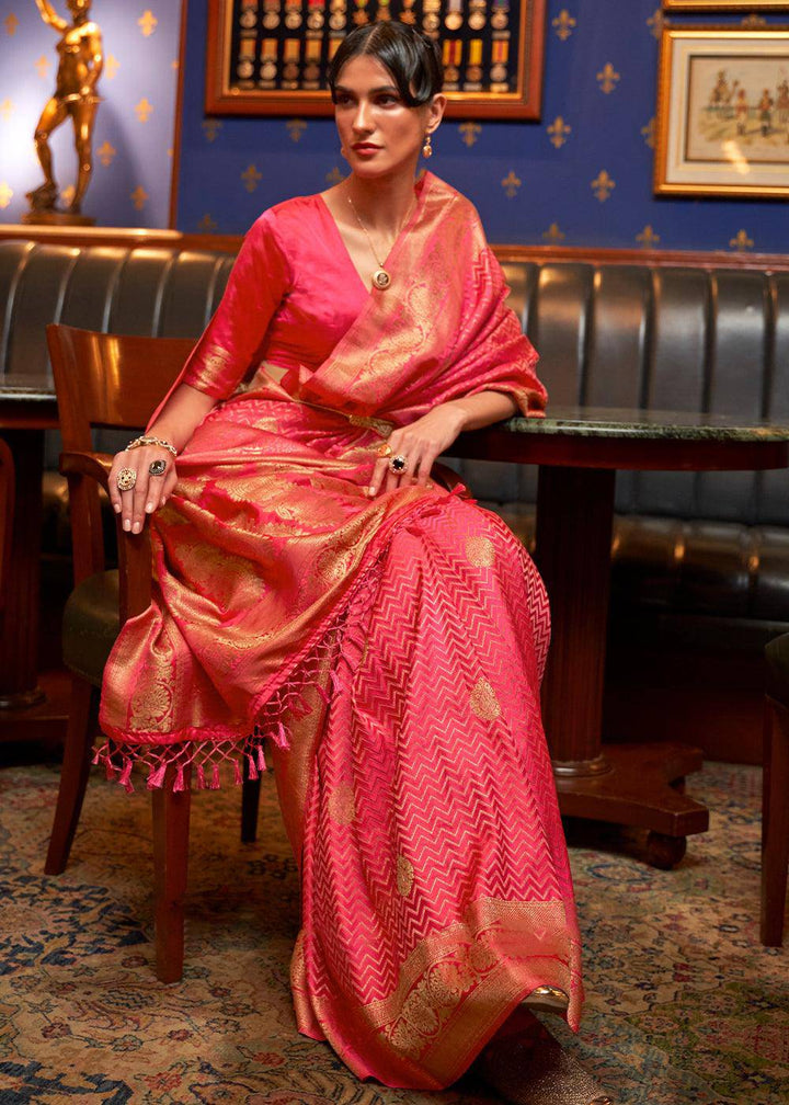 Brink Pink Designer Satin Silk Saree | Stitched Blouse - qivii