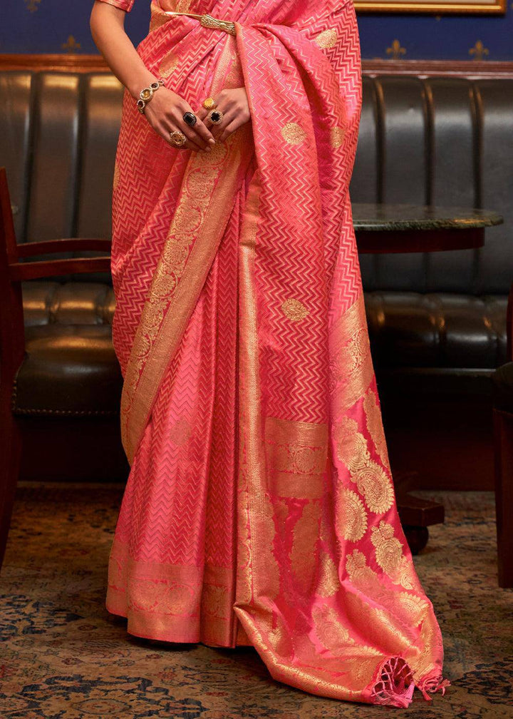 Brink Pink Designer Satin Silk Saree | Stitched Blouse - qivii