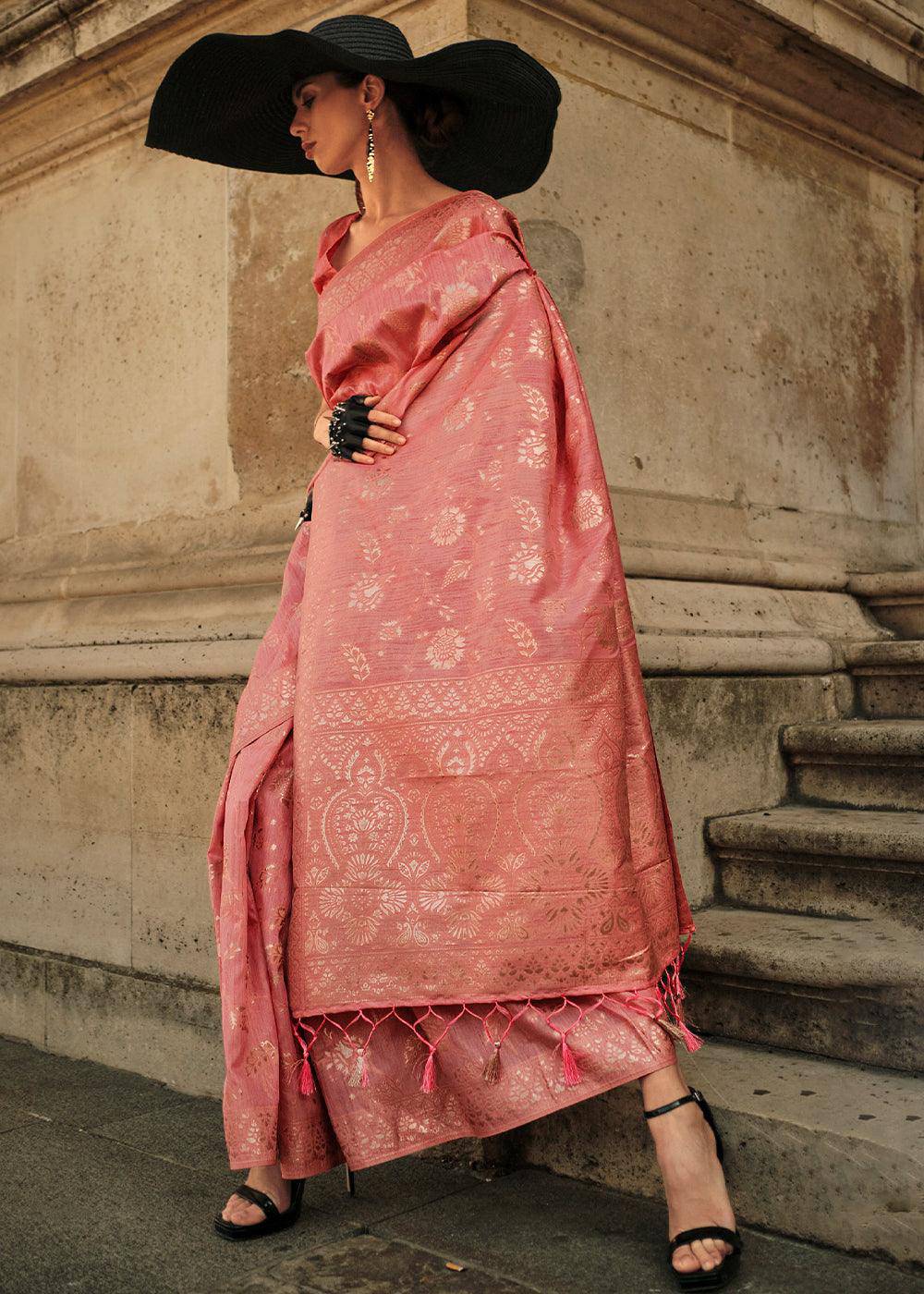 Brink Pink Gota Zari Handloom Weaving Silk Saree | Stitched Blouse - qivii