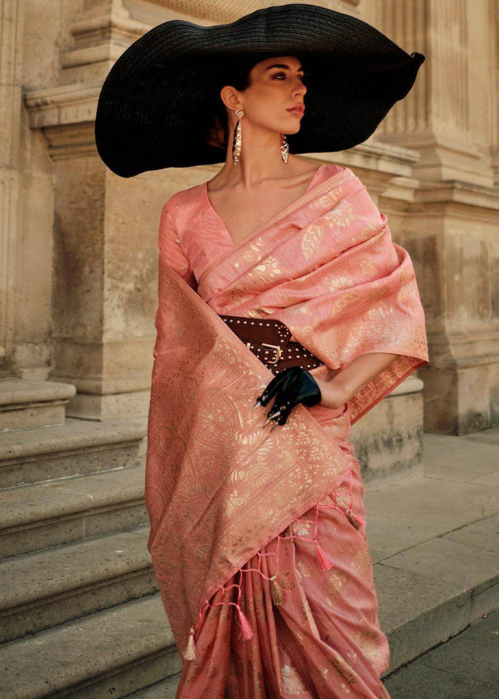 Brink Pink Gota Zari Handloom Weaving Silk Saree | Stitched Blouse - qivii