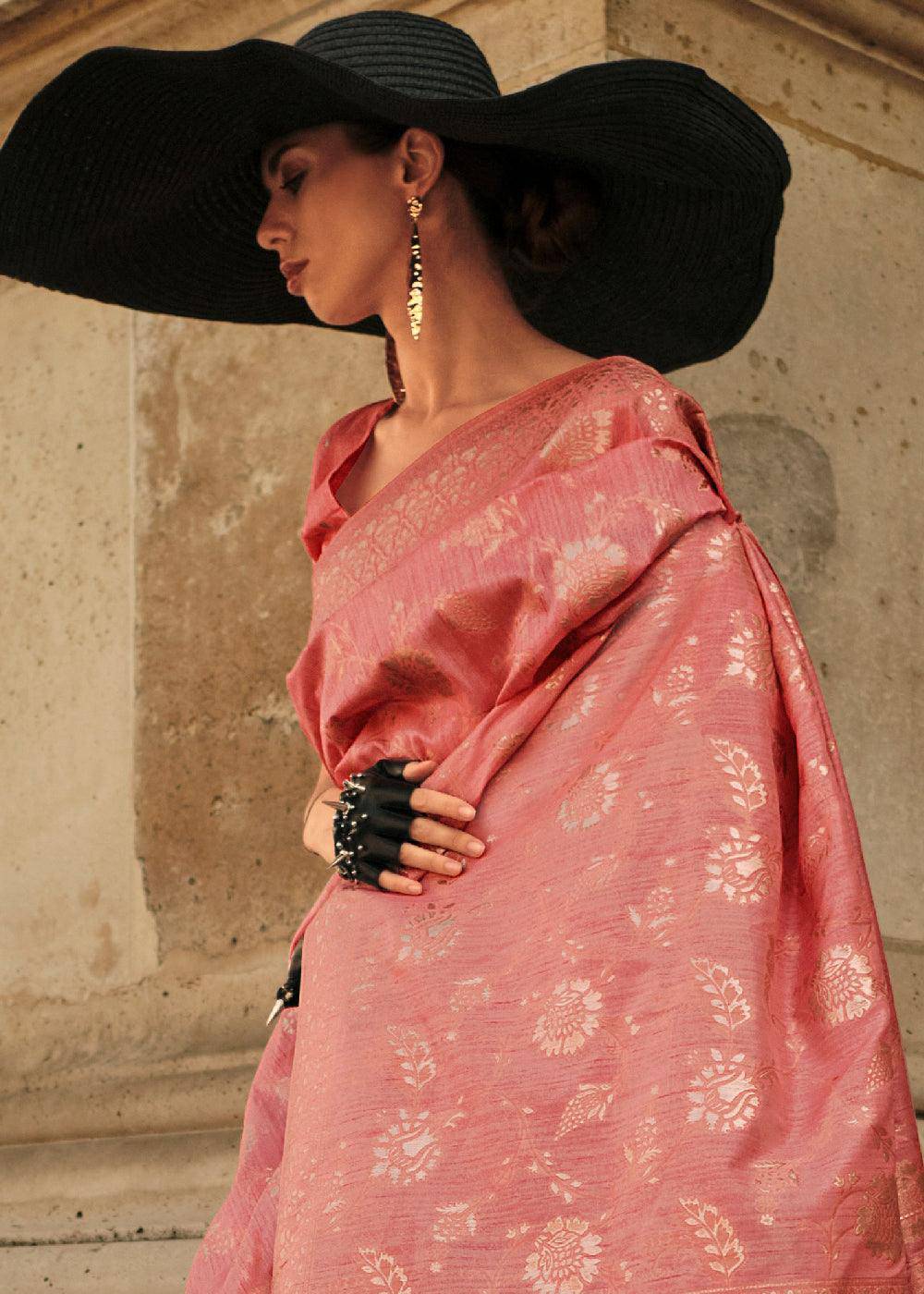 Brink Pink Gota Zari Handloom Weaving Silk Saree | Stitched Blouse - qivii