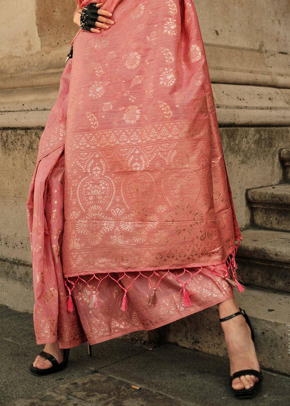 Brink Pink Gota Zari Handloom Weaving Silk Saree | Stitched Blouse - qivii