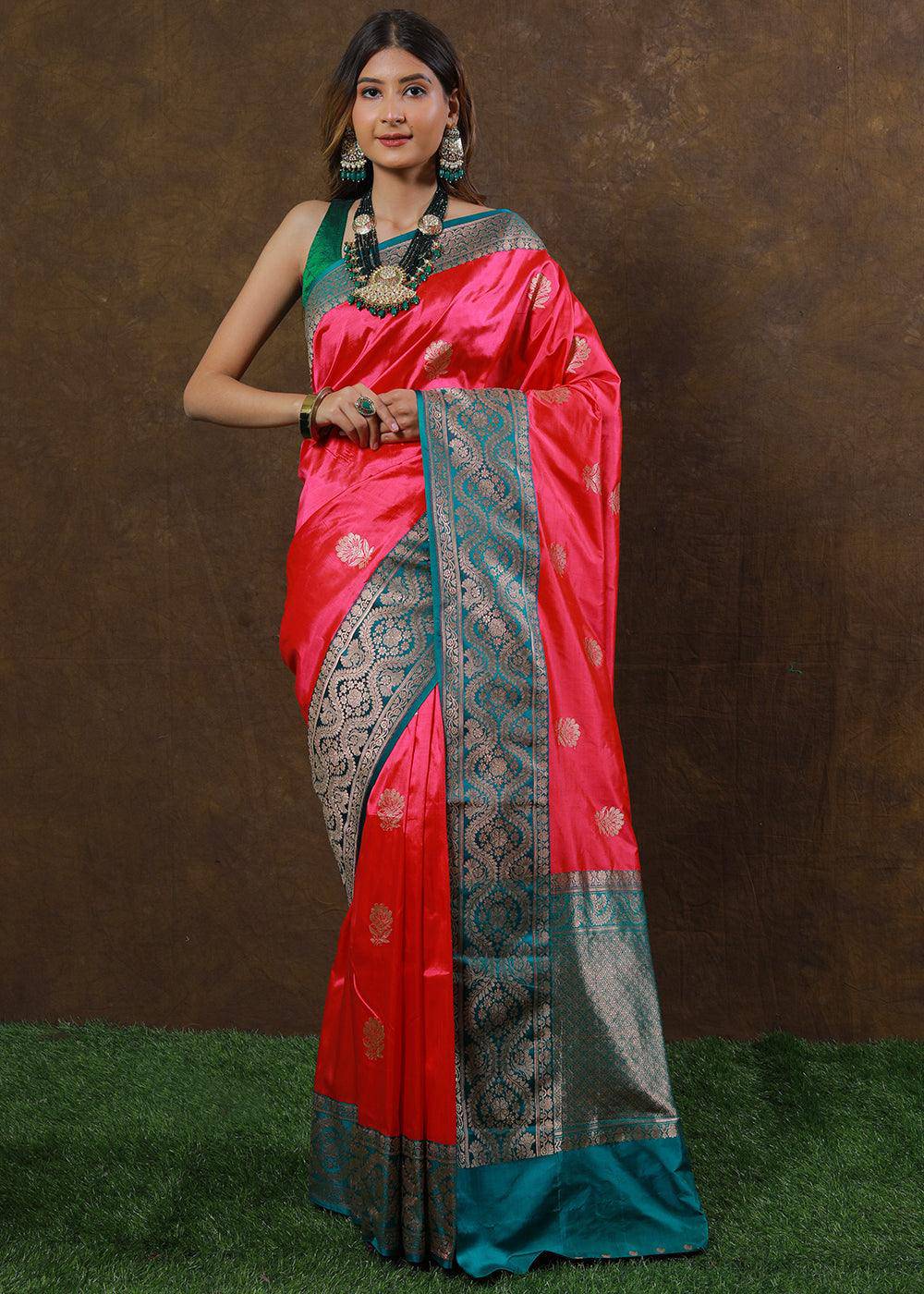 Brink Pink Hand Woven Pure Katan Silk Saree | Stitched Blouse - qivii