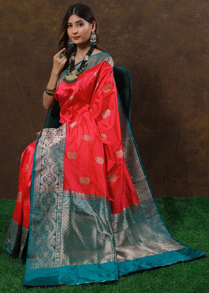 Brink Pink Hand Woven Pure Katan Silk Saree | Stitched Blouse - qivii