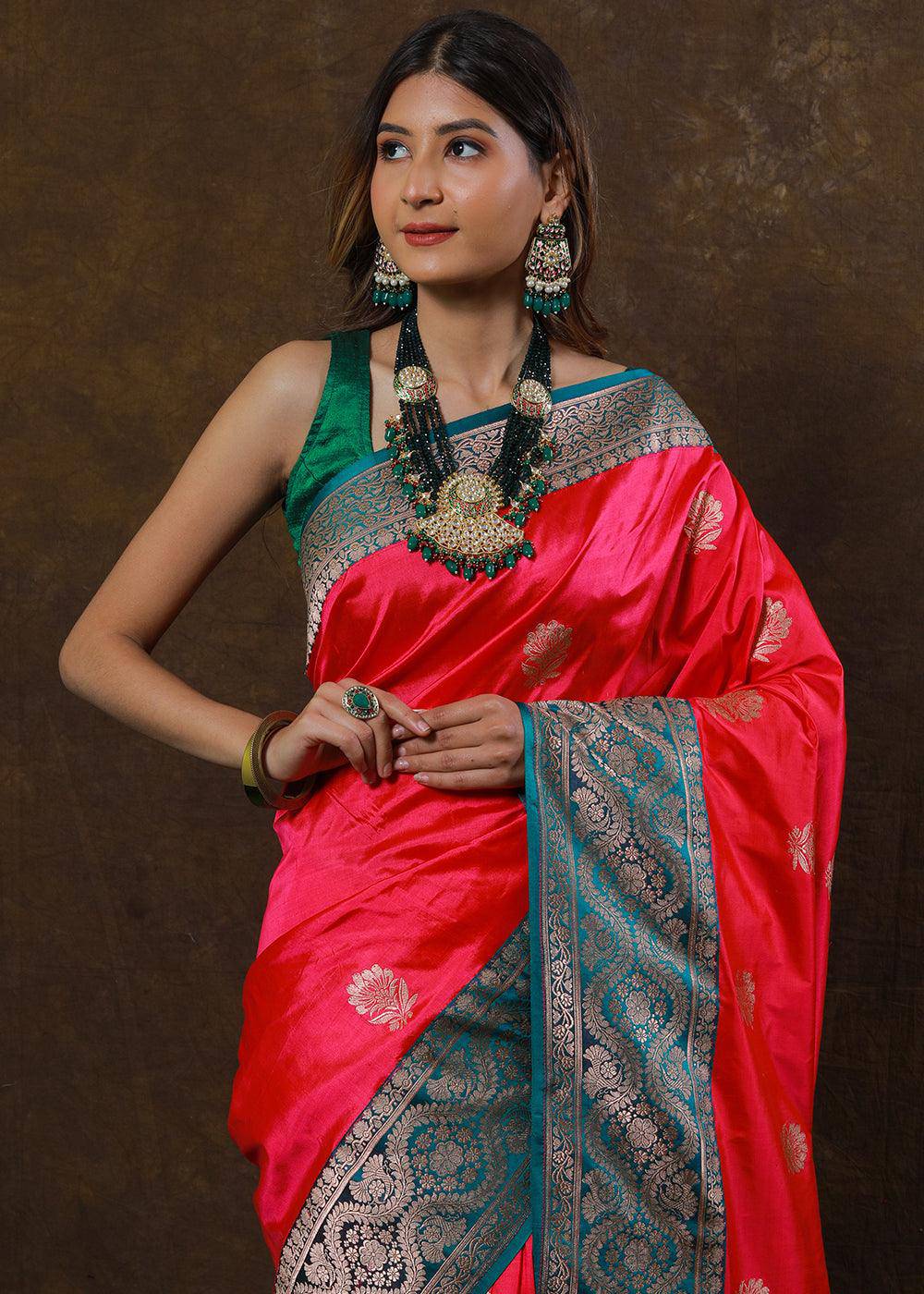 Brink Pink Hand Woven Pure Katan Silk Saree | Stitched Blouse - qivii