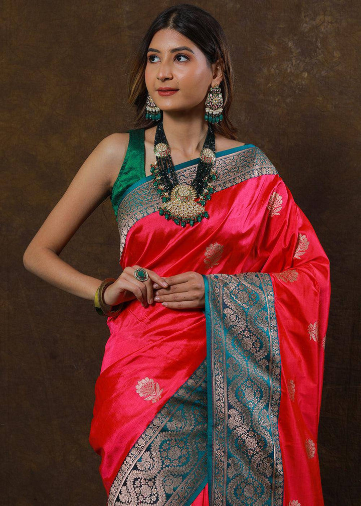 Brink Pink Hand Woven Pure Katan Silk Saree | Stitched Blouse - qivii