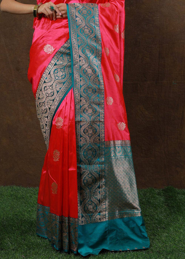 Brink Pink Hand Woven Pure Katan Silk Saree | Stitched Blouse - qivii