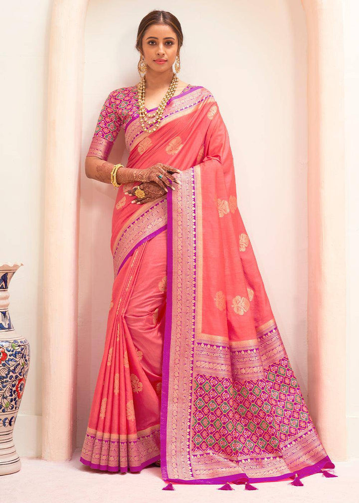 Brink Pink Woven Banarasi Patola Silk Saree | Stitched Blouse - qivii