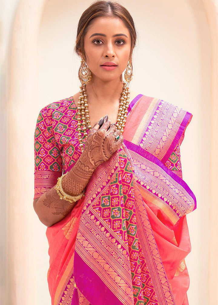 Brink Pink Woven Banarasi Patola Silk Saree | Stitched Blouse - qivii