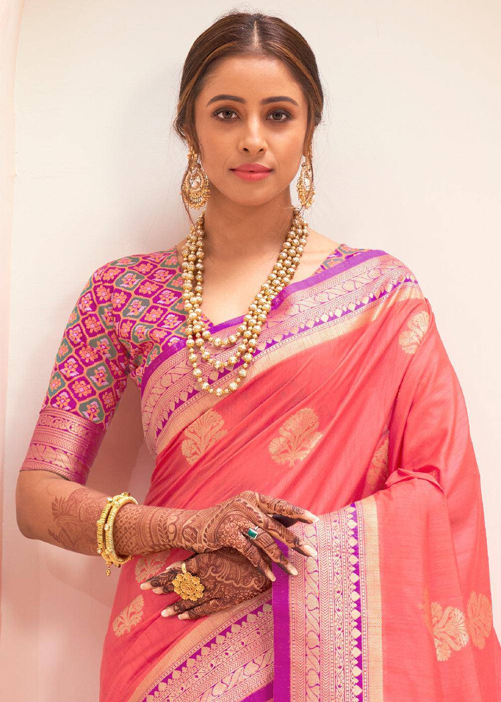 Brink Pink Woven Banarasi Patola Silk Saree | Stitched Blouse - qivii