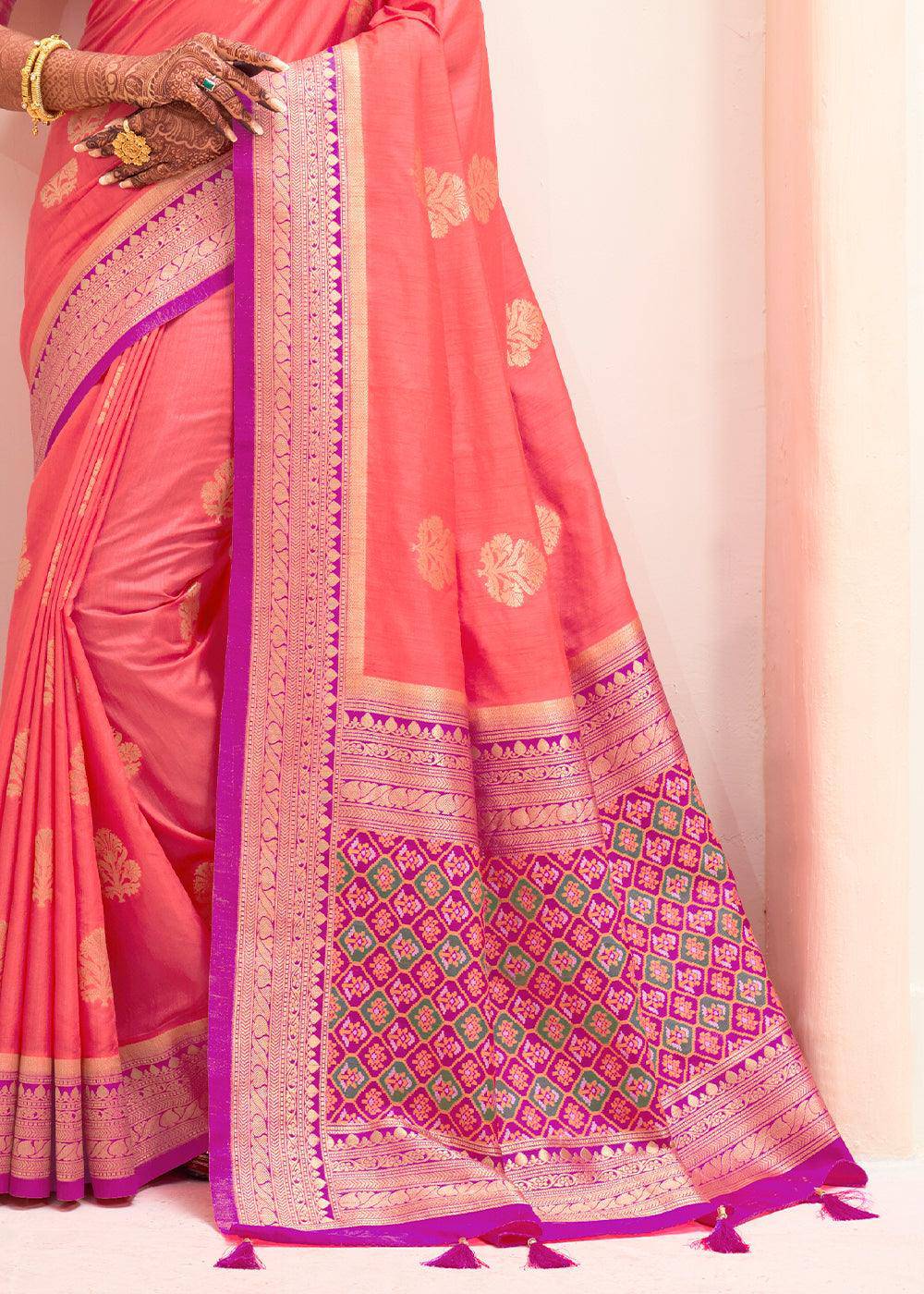 Brink Pink Woven Banarasi Patola Silk Saree | Stitched Blouse - qivii