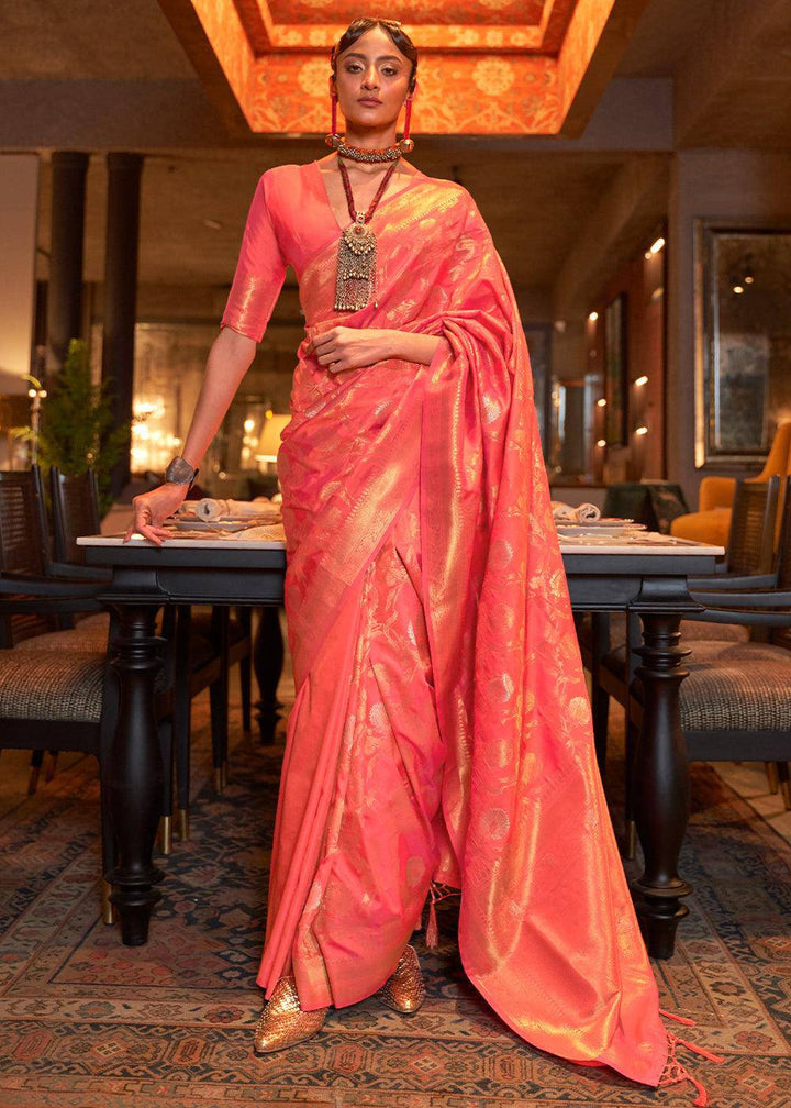 Brink Pink Woven Banarasi Silk Saree with Tassels on Pallu | Stitched Blouse - qivii