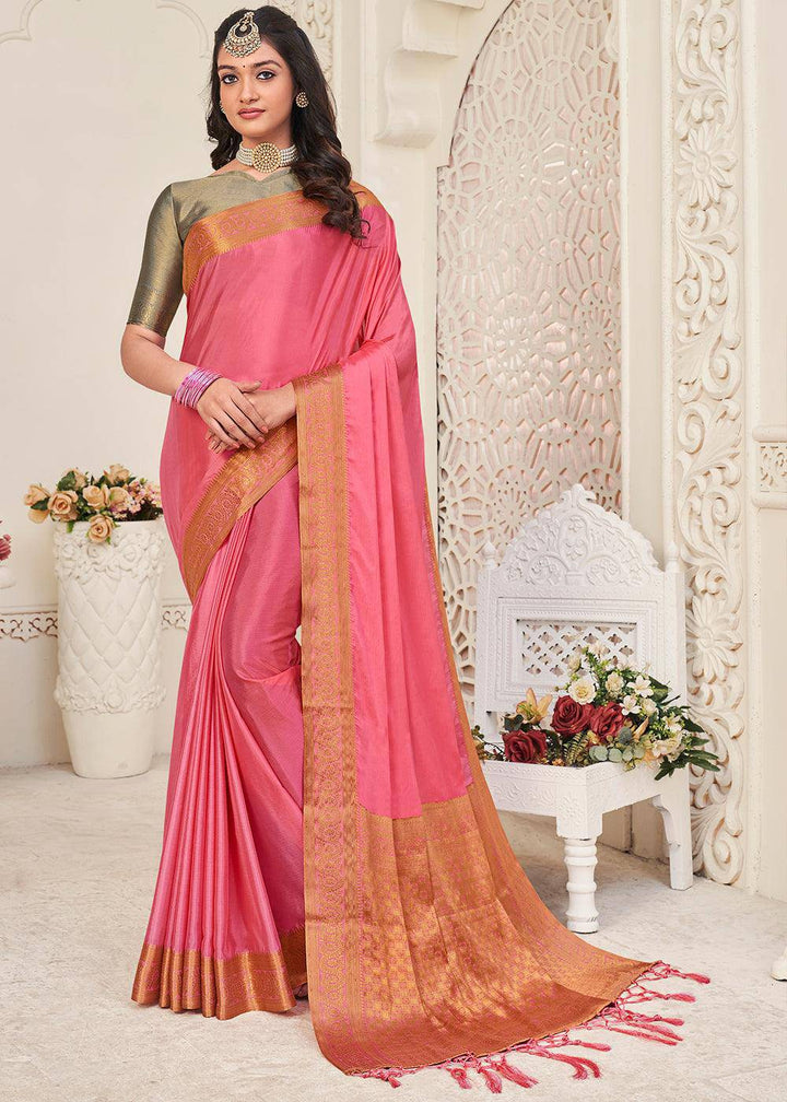 Brink Pink Woven Chinon Silk Saree | Stitched Blouse - qivii