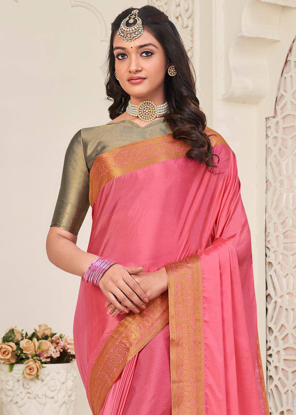 Brink Pink Woven Chinon Silk Saree | Stitched Blouse - qivii