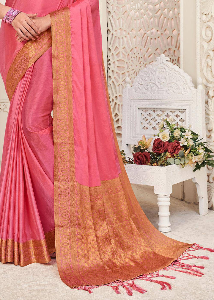 Brink Pink Woven Chinon Silk Saree | Stitched Blouse - qivii