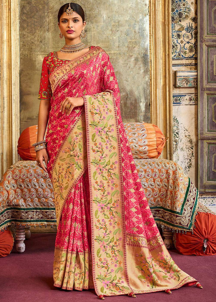 Brink Pink Woven Patola Printed Dola Silk Saree with Heavy Embroidered Blouse | Stitched Blouse - qivii