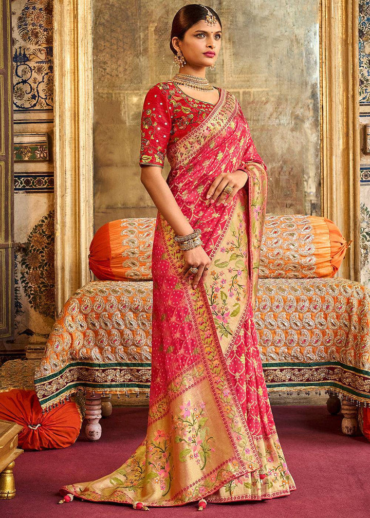 Brink Pink Woven Patola Printed Dola Silk Saree with Heavy Embroidered Blouse | Stitched Blouse - qivii