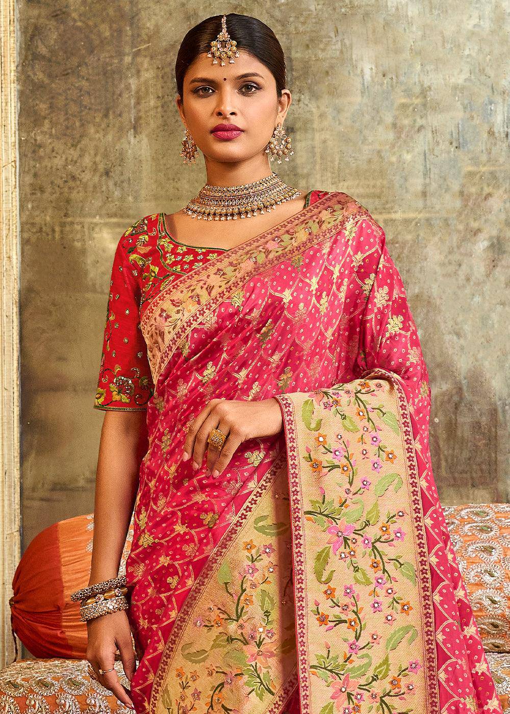 Brink Pink Woven Patola Printed Dola Silk Saree with Heavy Embroidered Blouse | Stitched Blouse - qivii