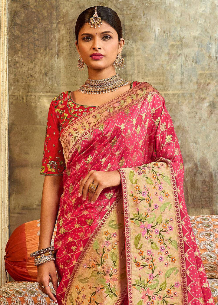 Brink Pink Woven Patola Printed Dola Silk Saree with Heavy Embroidered Blouse | Stitched Blouse - qivii