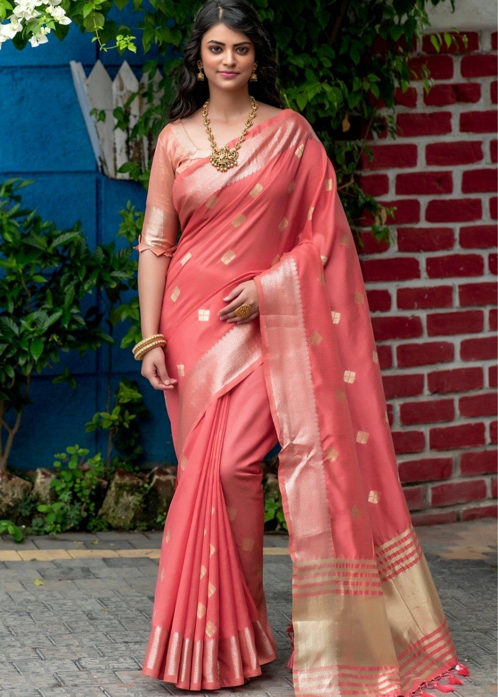 Brink Pink Zari Woven Assam Silk Saree | Stitched Blouse - qivii