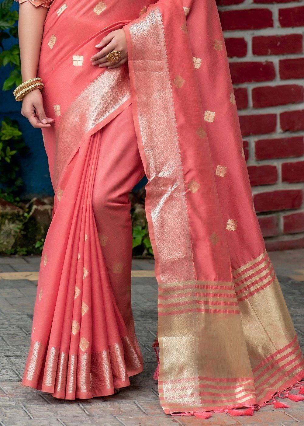 Brink Pink Zari Woven Assam Silk Saree | Stitched Blouse - qivii