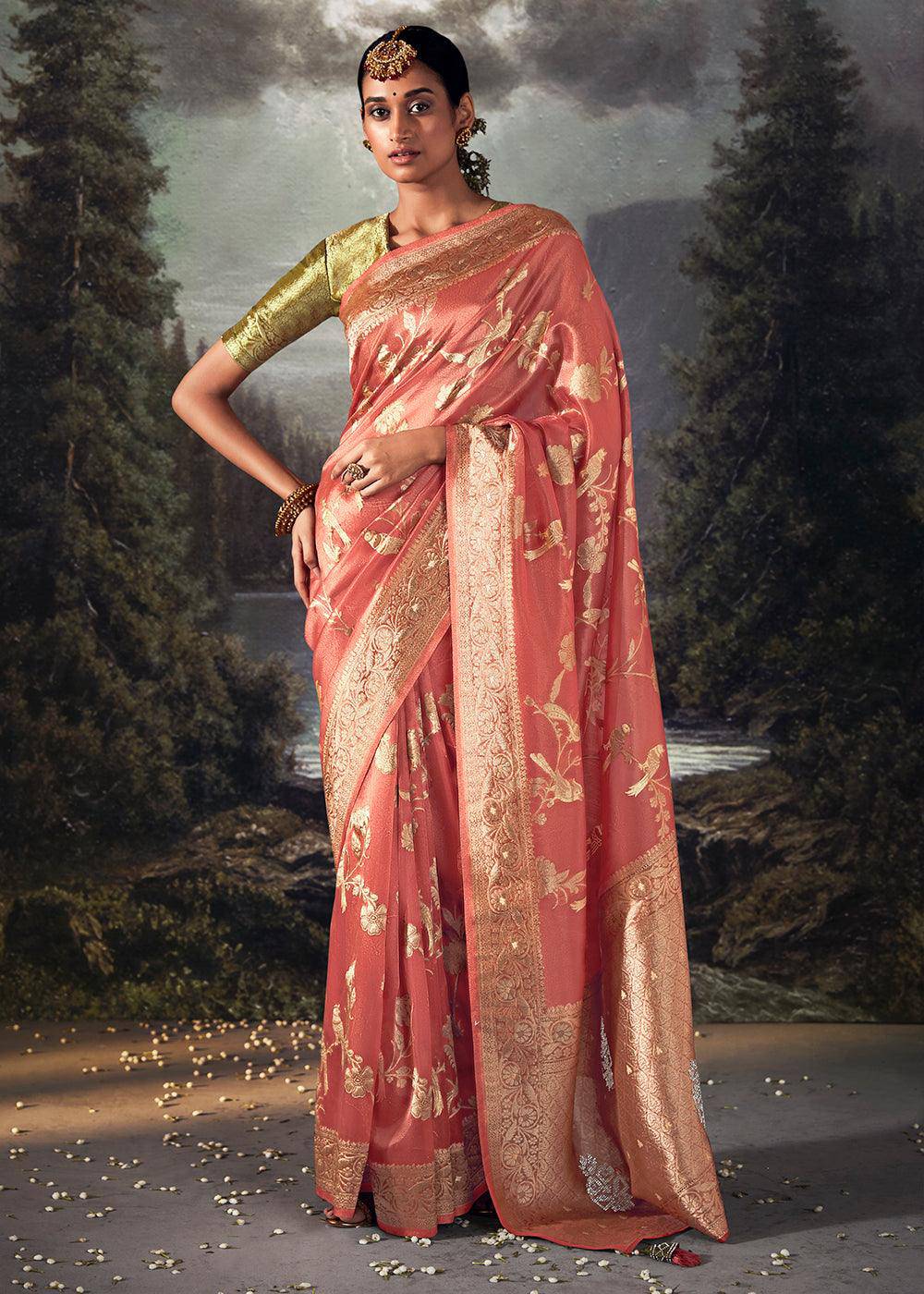 Brink Pink Zari Woven Organza Silk Saree with Swarovski Work | Stitched Blouse - qivii