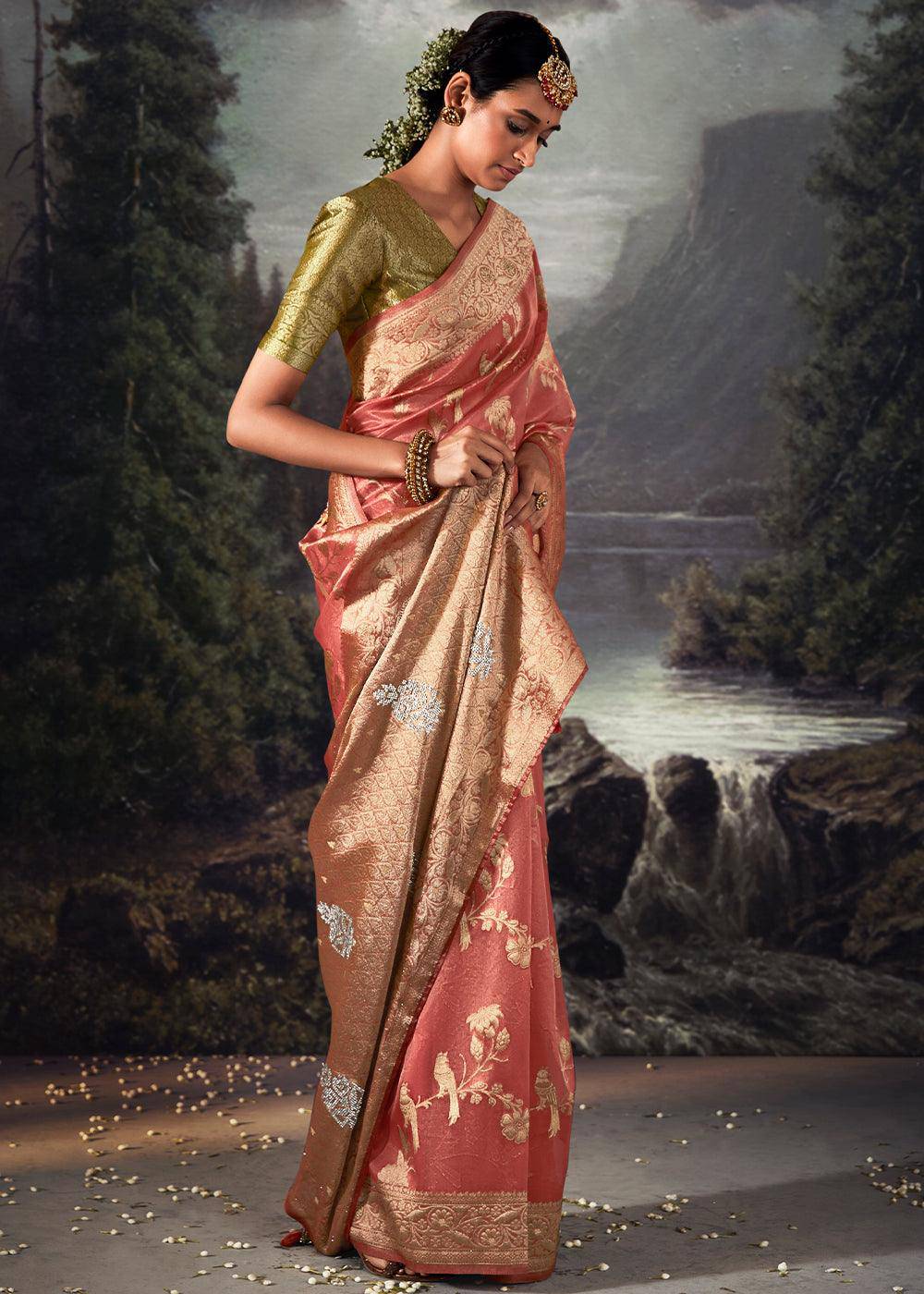 Brink Pink Zari Woven Organza Silk Saree with Swarovski Work | Stitched Blouse - qivii