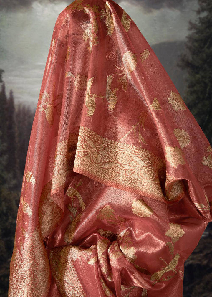 Brink Pink Zari Woven Organza Silk Saree with Swarovski Work | Stitched Blouse - qivii