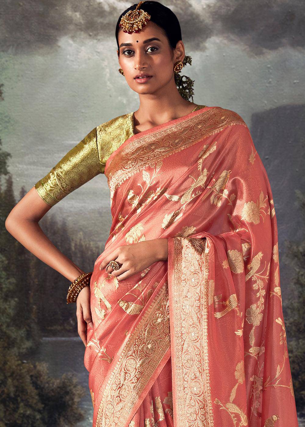 Brink Pink Zari Woven Organza Silk Saree with Swarovski Work | Stitched Blouse - qivii