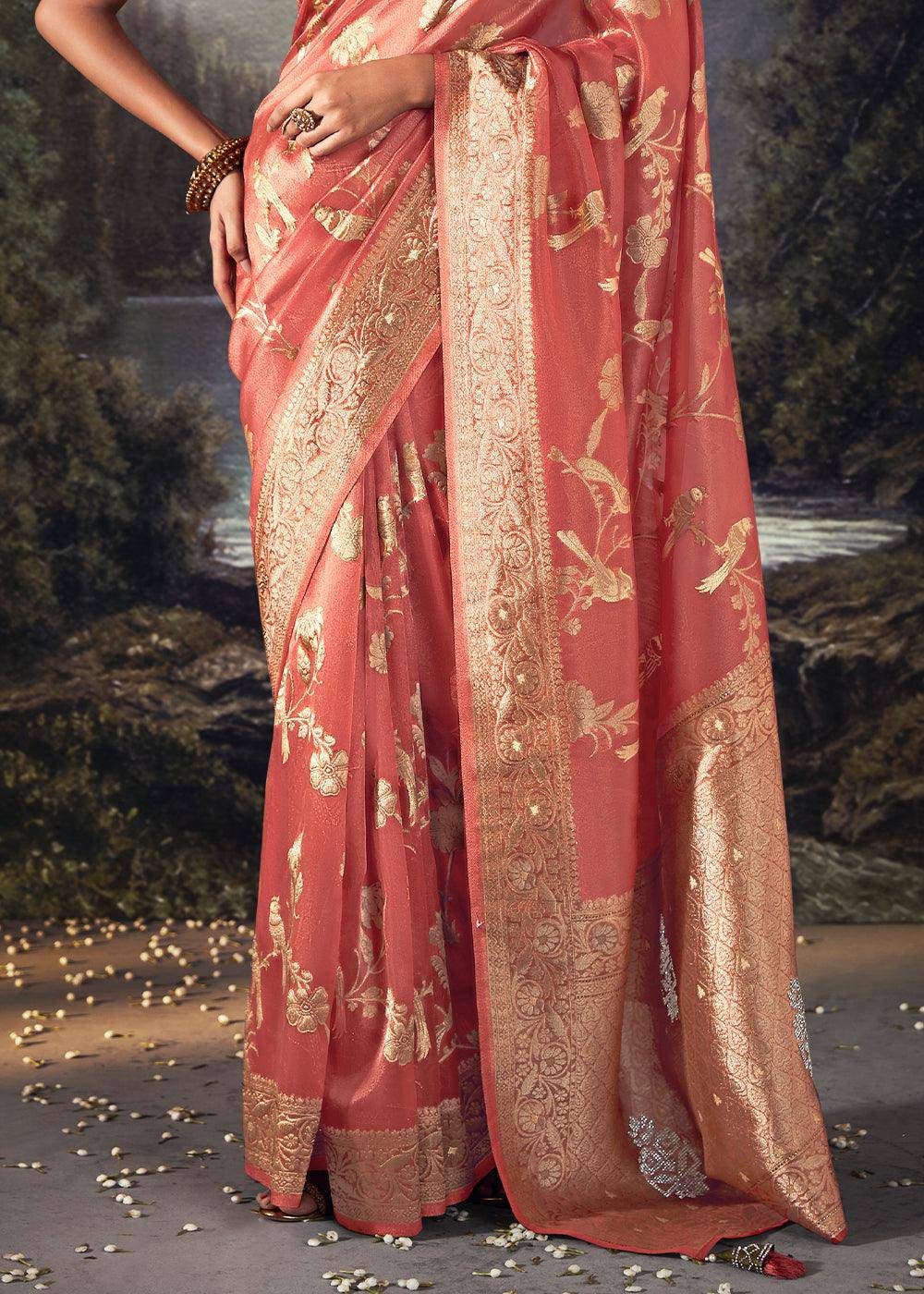 Brink Pink Zari Woven Organza Silk Saree with Swarovski Work | Stitched Blouse - qivii