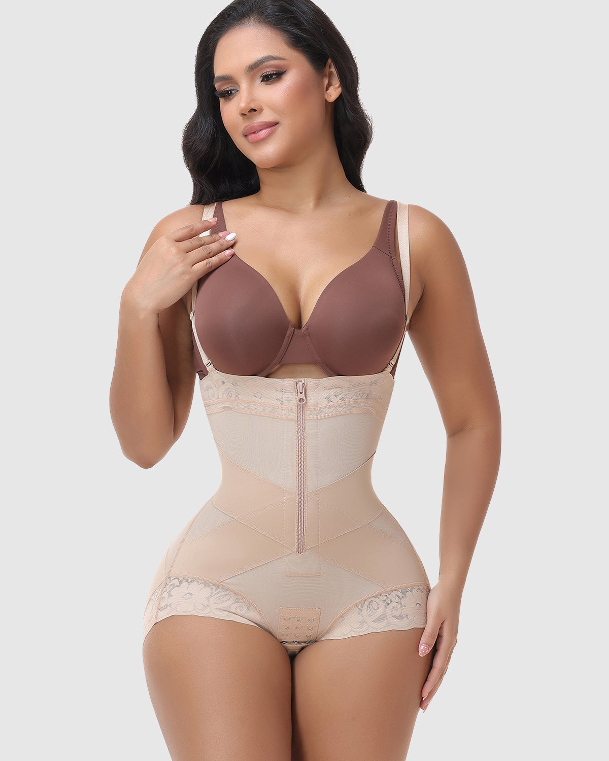 Detachable Strap Front Zip Lace Tummy Control Butt Lifting High Waist Shapewear Shorts