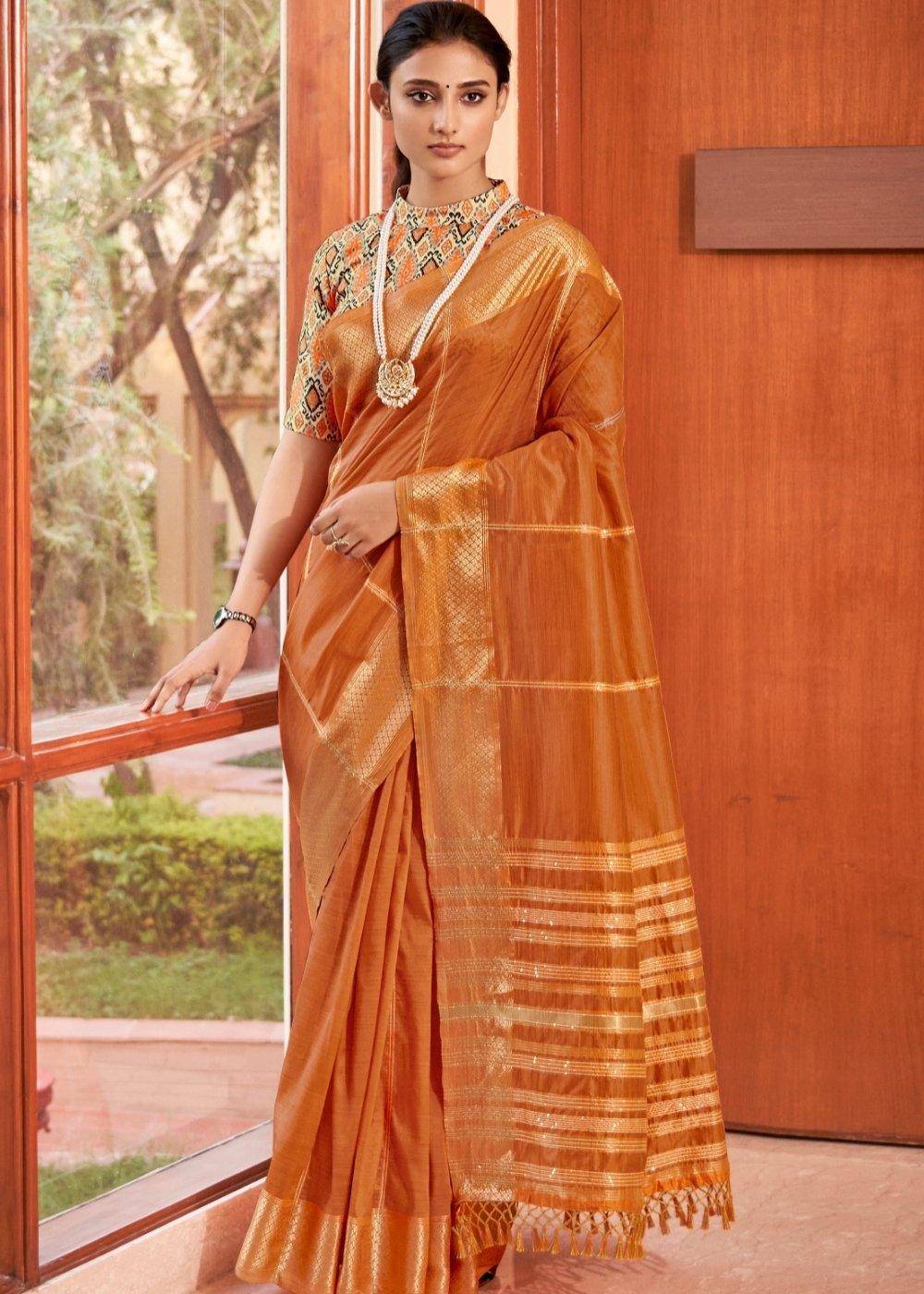 Bronze Orange Silk Saree having Zari Border & Sequins work | Stitched Blouse - qivii