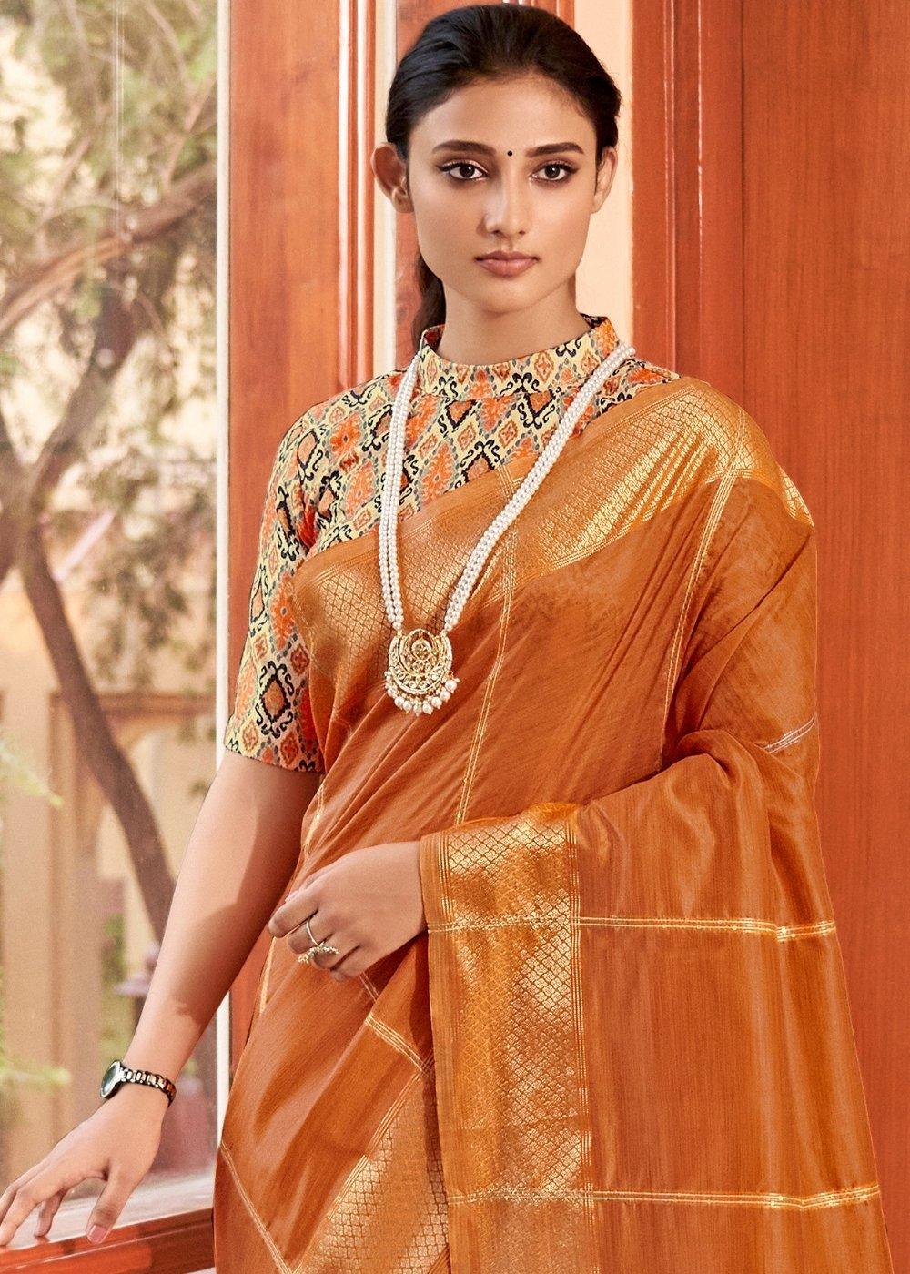 Bronze Orange Silk Saree having Zari Border & Sequins work | Stitched Blouse - qivii