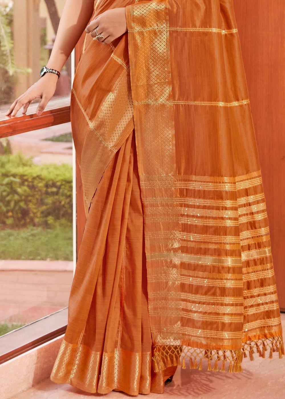 Bronze Orange Silk Saree having Zari Border & Sequins work | Stitched Blouse - qivii