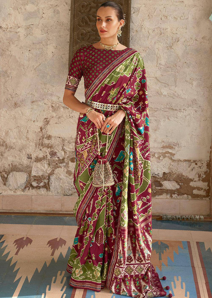 Brown & Green Printed Patola Silk Saree with Zari Border & Tassels on Pallu | Stitched Blouse - qivii