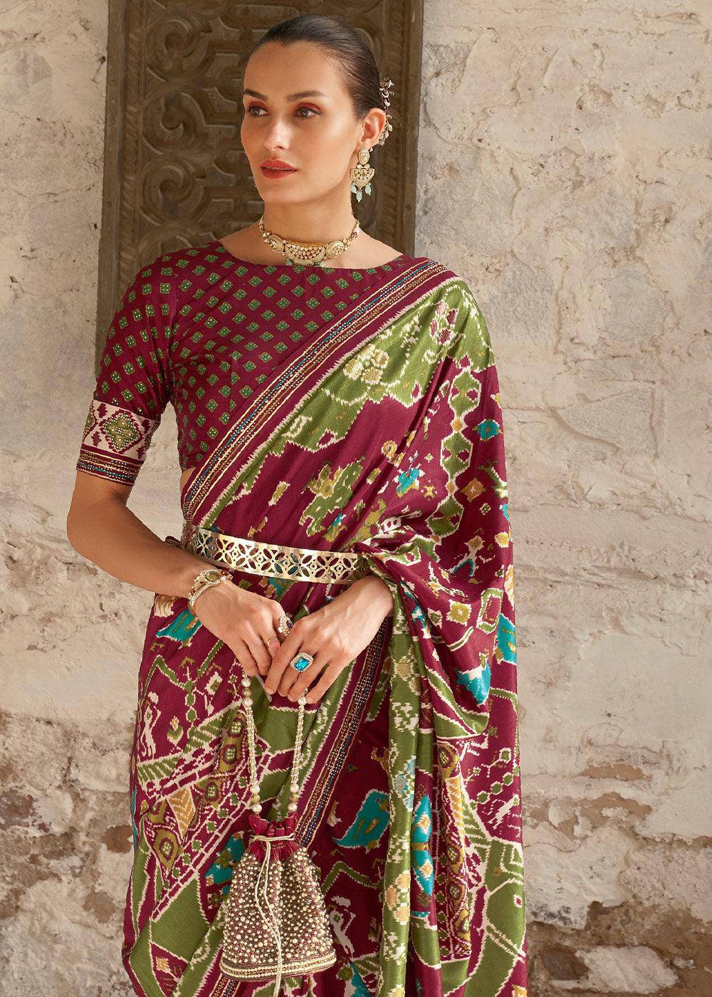 Brown & Green Printed Patola Silk Saree with Zari Border & Tassels on Pallu | Stitched Blouse - qivii