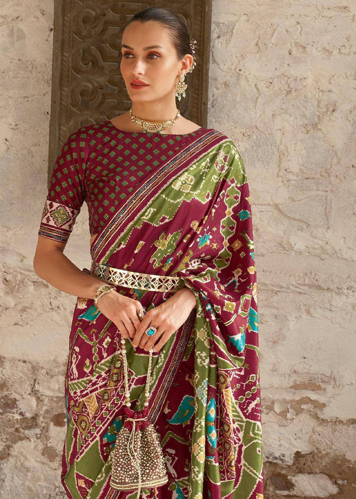 Brown & Green Printed Patola Silk Saree with Zari Border & Tassels on Pallu | Stitched Blouse - qivii